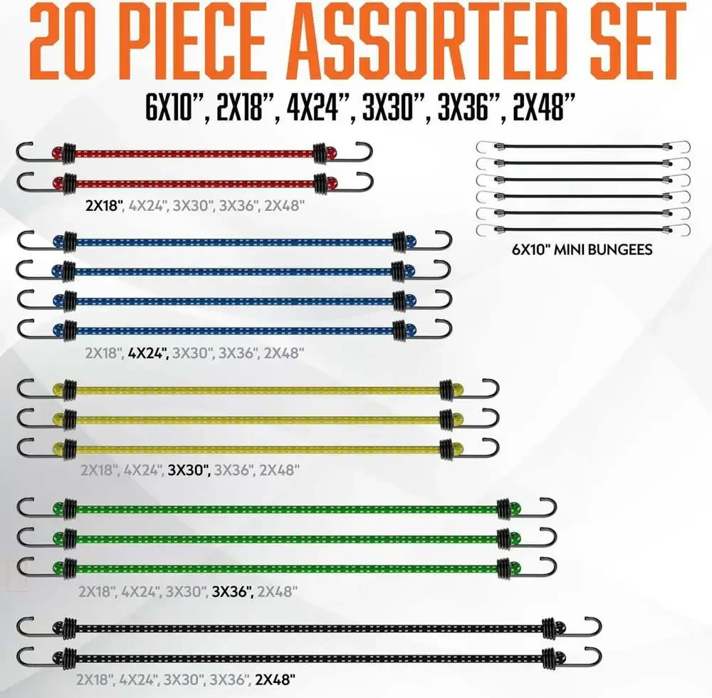 Heavy Duty Bungee Cords with Hooks Set 20 Piece Assorted Sizes UV Resistant